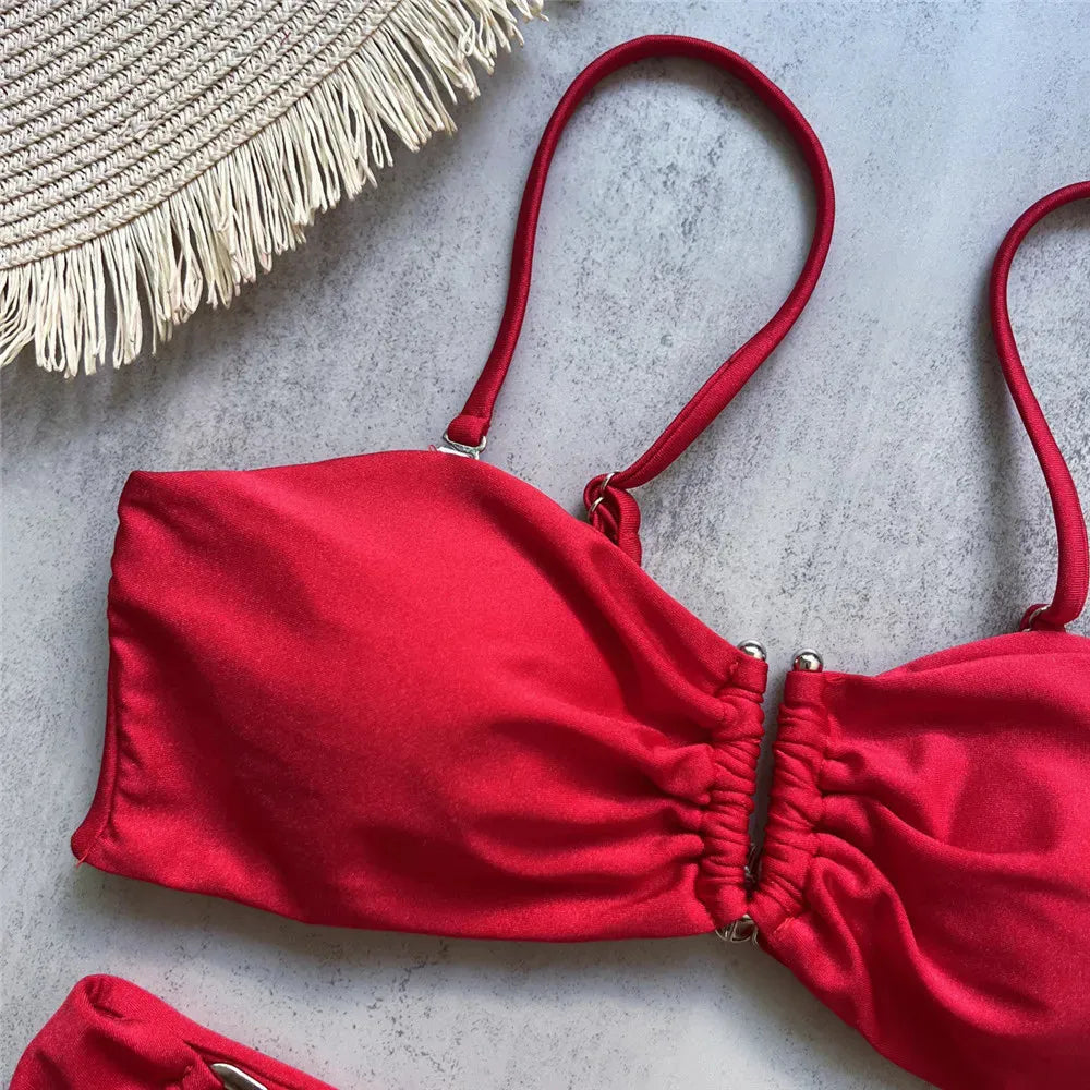 Green Shiny Solid Swimwears Bandeau U Shaped Bikini High Waist Sexy Swimsuit Woman 2025 Wrinkled Bather Brazilian Bikini Mujer