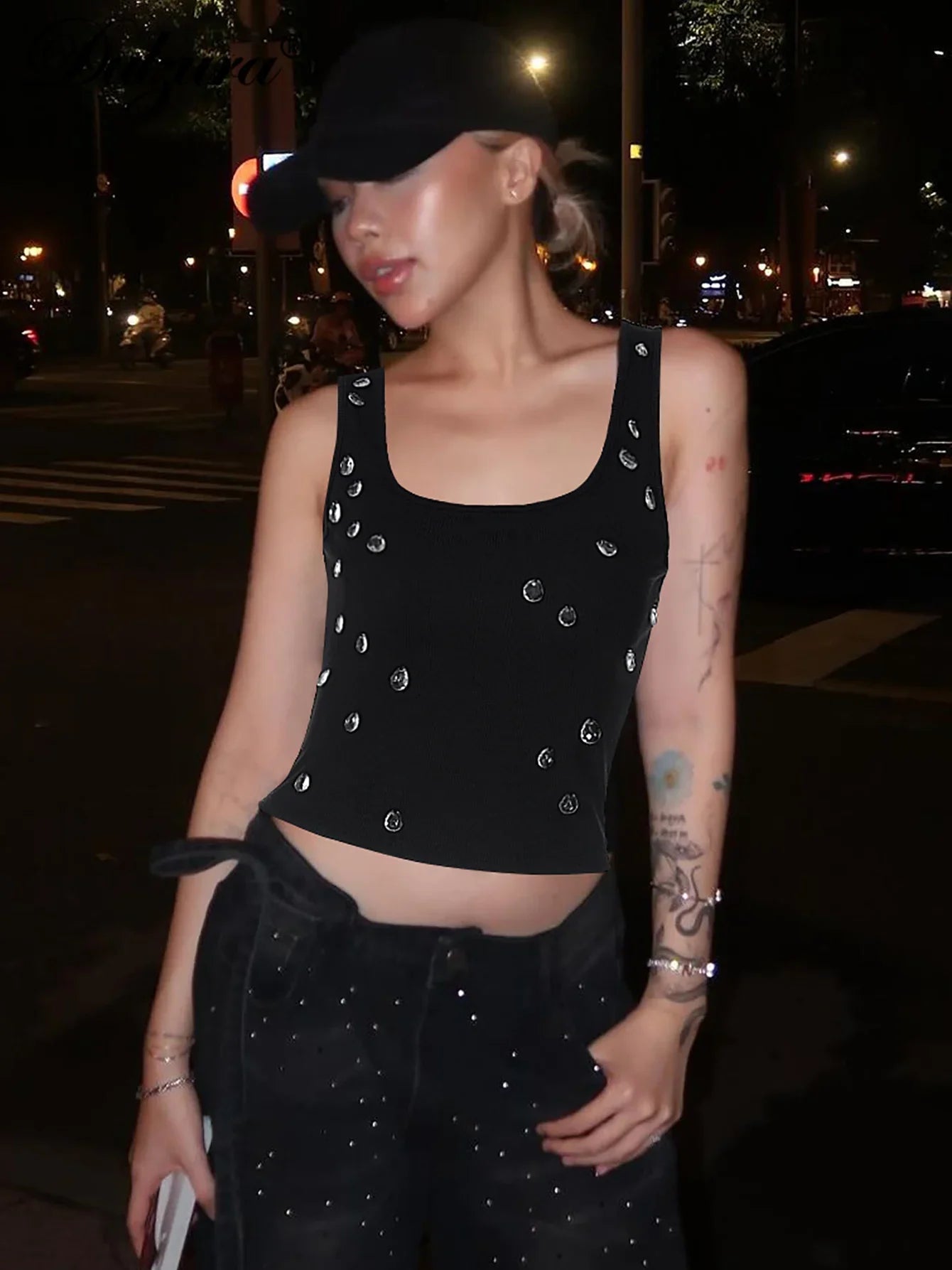 Dulzura Ribbed Sleeveless Crop Tank With Water Droplets Diamond Decorate Sexy Elegant Top Party Club Streetwear Spring Summer