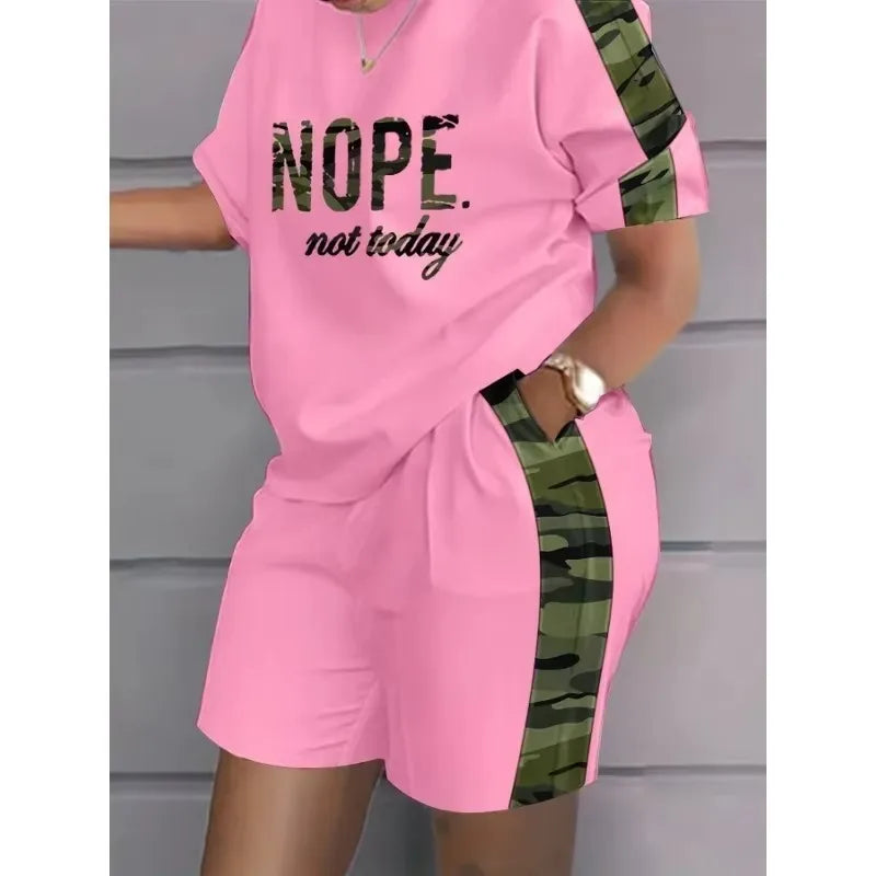 Women's Plus Size Suit Short-sleeved T-shirt Shorts Letter Print Contrast Color Two-piece Outdoor Leisure Sports Training Suit