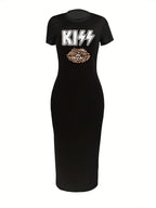 Women's Spring and Summer Fashion Casual Slimming KISS Leopard Lipprint Printed Round Neck Short Sleeve Sexy Dress