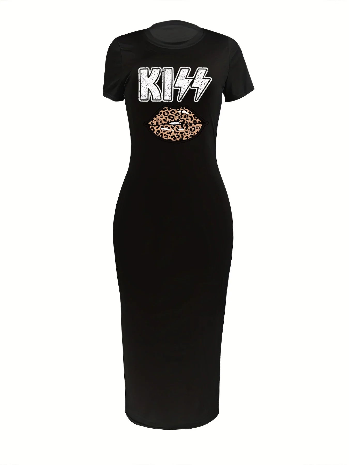Women's Spring and Summer Fashion Casual Slimming KISS Leopard Lipprint Printed Round Neck Short Sleeve Sexy Dress