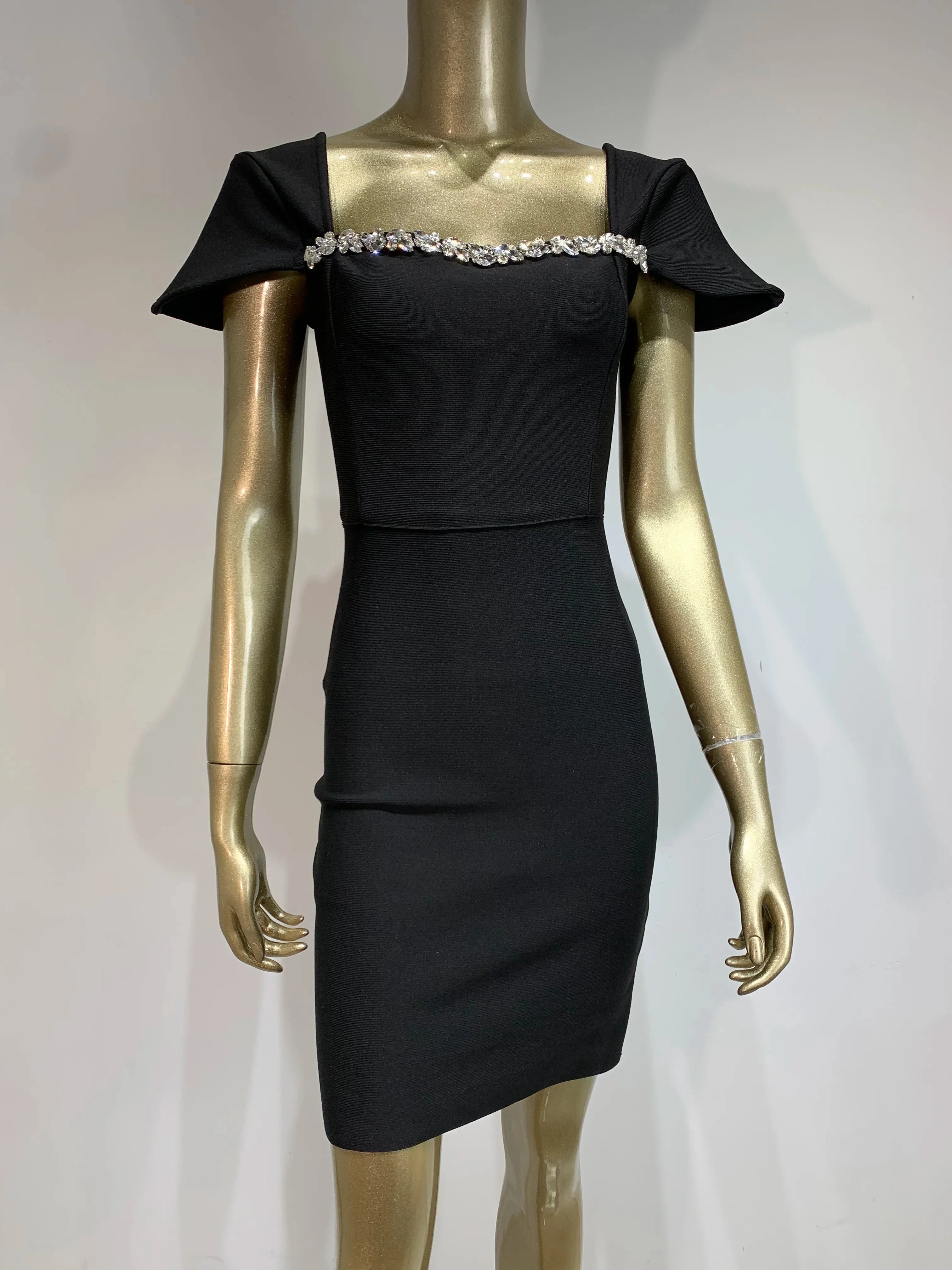 Women Celebrity Sexy Square Collar Black Red Mini Bodycon Bandage Dress 2024 Knitted Elegant Evening Club Party Outfit