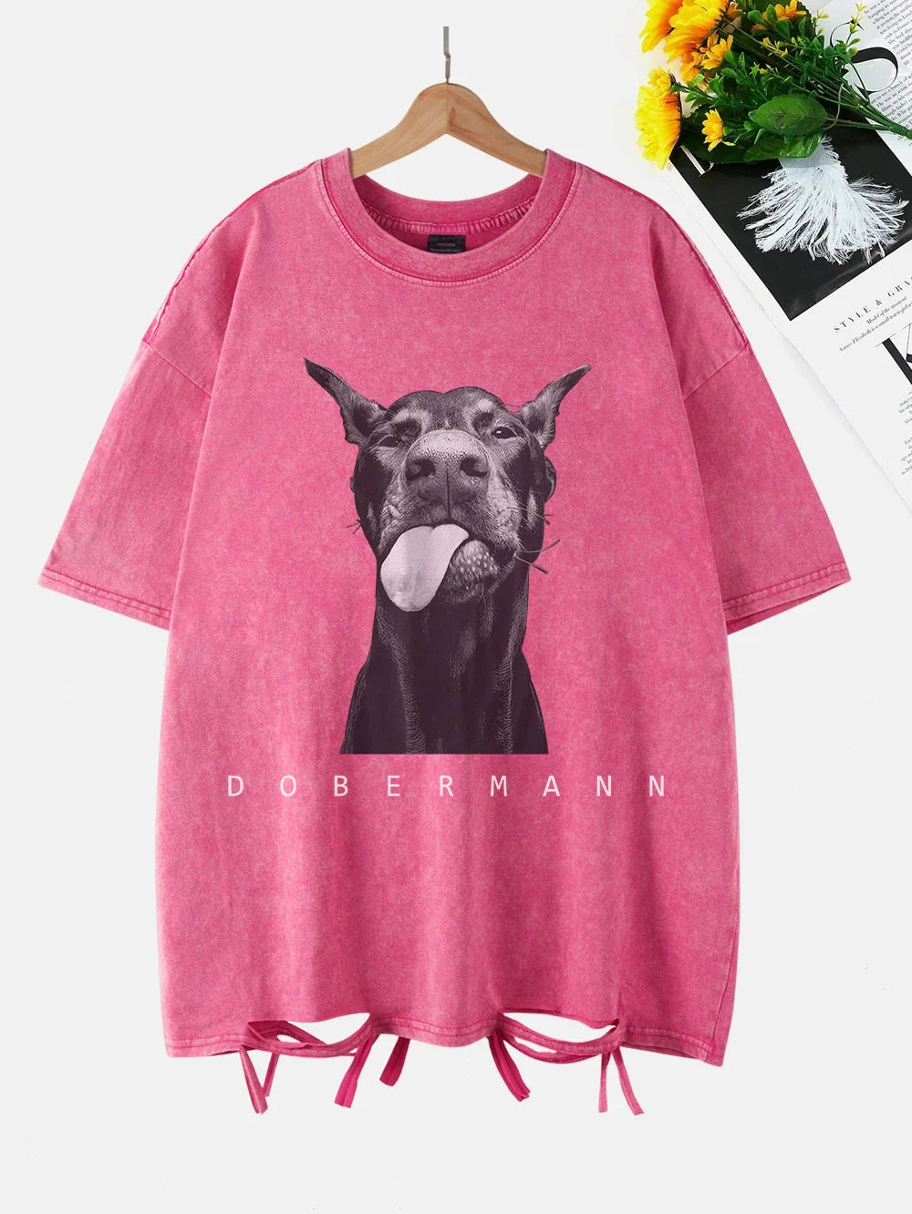 Fashion Creativity Doberman Prints Washed T-Shirt Women Cottontops Distressed O-Neck Oversize T Shirts Vintage Woman Clothes