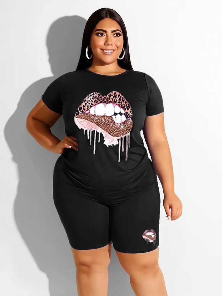 Wmstar Plus Size Two Piece Outfits for Women Tracksuit Shorts Sets  Lip Print Top Casual New In Matching Wholesale Dropshipping