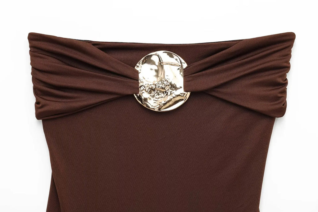 ZBZA Women's Sexy Jumpsuit Gold Button Pleated High Elastic Holiday Beach Solid Color Slim Fit Top Summer New Female Chic Top