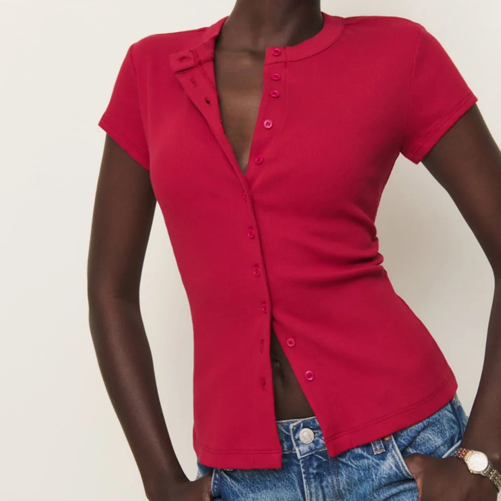 Women Knit Button Up Shirts Summer Crop Tops Short Sleeve Round Neck Solid T-shirt Slim Fit Tees Vintage Grunge Tee Streetwear