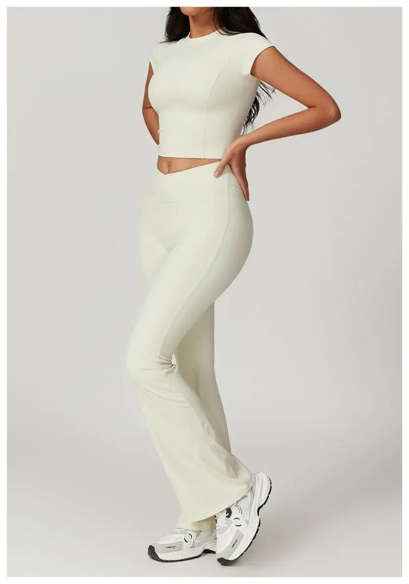 Two Piece Short Sleeve Sport Yoga Set Outfit Fitness Gym Set Workout Clothes for Women Flare Leggings Sportwear Women Tracksuit