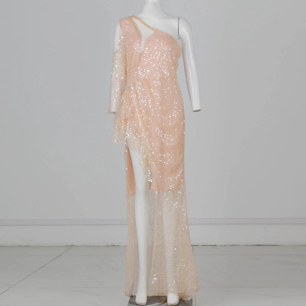 Women'S Fashion Sexy Gold Sprinkled One Shoulder Banquet Diamond Inlay Hip Wrap Evening Dress Ropa De Mujer Vestidos Para Mujer