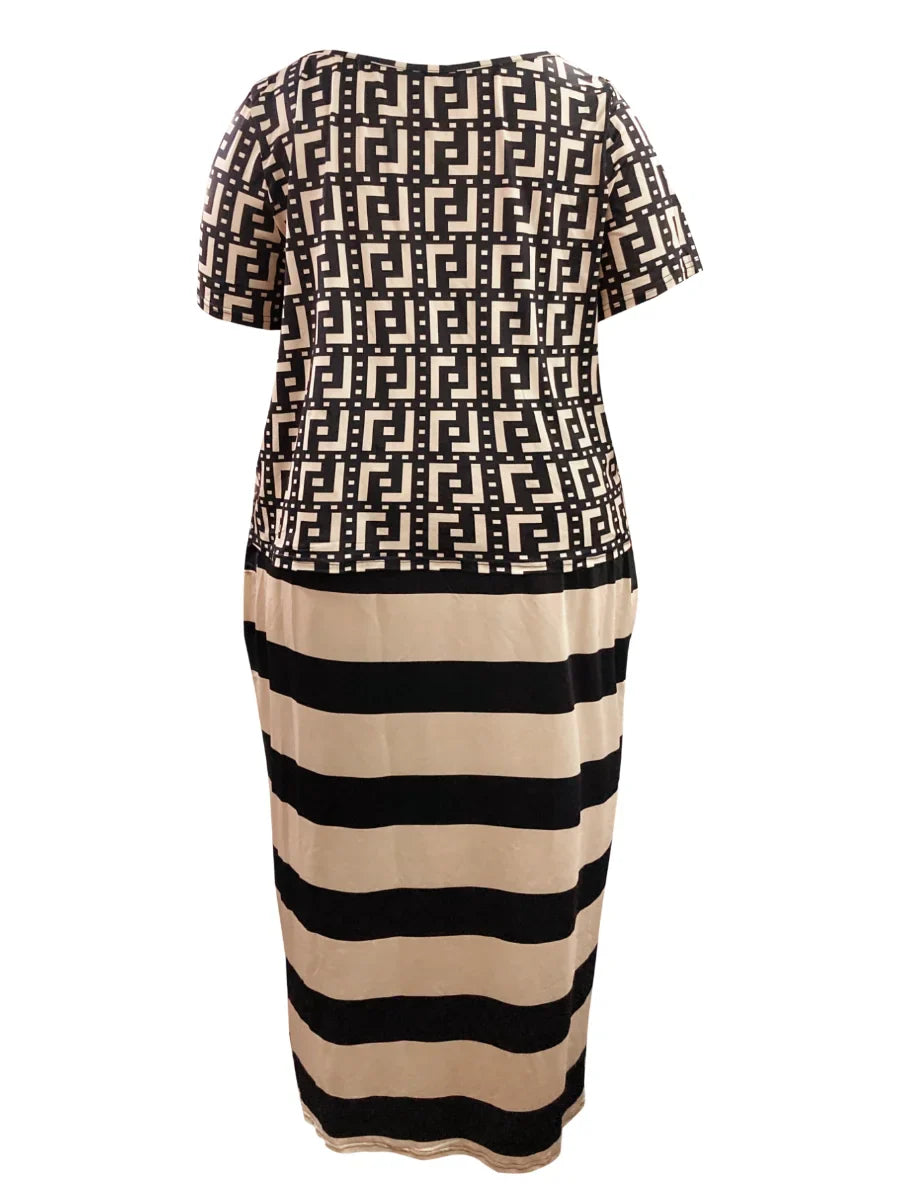 LW Plus Size matching sets Two Piece dress sets Letter Print Striped Skirt Set Fashion Casual Summer Tops+Bottoms Matching Outfi