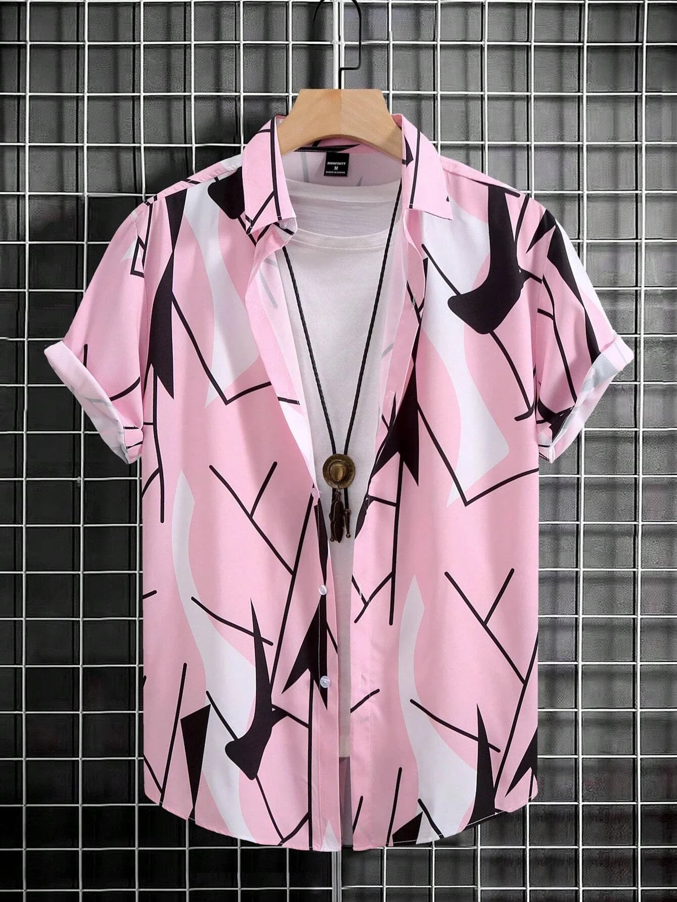 Men's And Women's Fun Block Pattern Printed Shirts Casual Design Short Sleeve Shirts Fashion Button-Ups