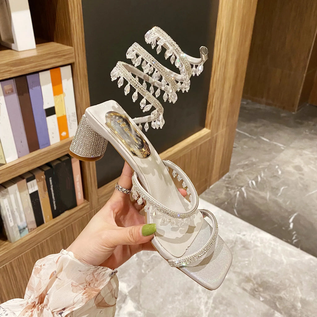 Xibeilove 2024 Summer Luxury Women Sandals Crystal Square Head Gold Rhinestone Snake Pattern High Heels Wedding Party Shoes