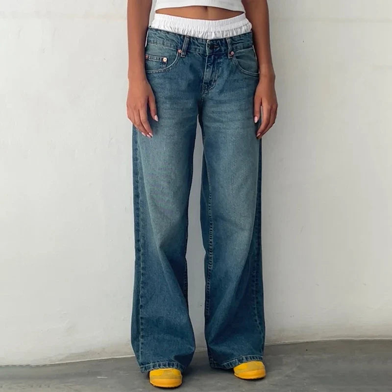 Maemukilabe Women Y2K Low Rise Baggy Jeans Retro Aesthetic Loose Fit Boyfriend Straight Wide Leg Jeans Trendy Stretch Denim Pant