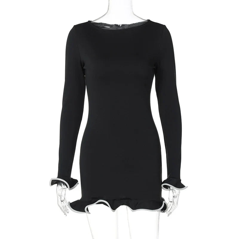 Elegant Round Neck Pleat Long Sleeve New Women's Dresses Casual Slim Pink Black White Short Dresses Lady Chic Party Street Robes