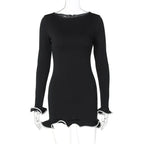 Elegant Round Neck Pleat Long Sleeve New Women's Dresses Casual Slim Pink Black White Short Dresses Lady Chic Party Street Robes