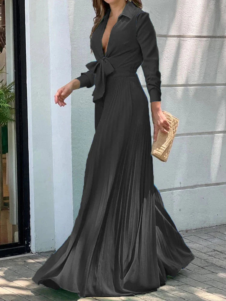 Autumn Winter Fashion V-neck Long Sleeve Elegant Blouse Print Lapel Top Women Solid Color Loose Casual Wide Leg Jumpsuit