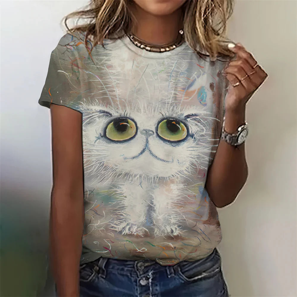 Fashion Woman Funny Cat Print T-Shirts Summer Crew Neck Personalized Graphic T-Shirts Comfort Short Sleeve Tee Woman Clothing