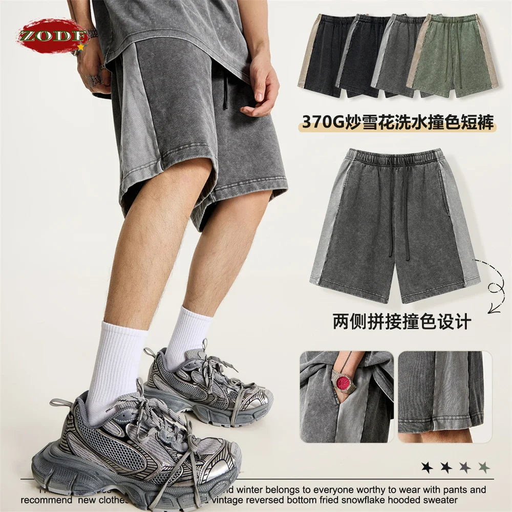 ZODF Vintage Men Washed 370gsm Cotton Shorts Unisex High Street Patchwork Distressed Shorts Brand Clothes HY1026