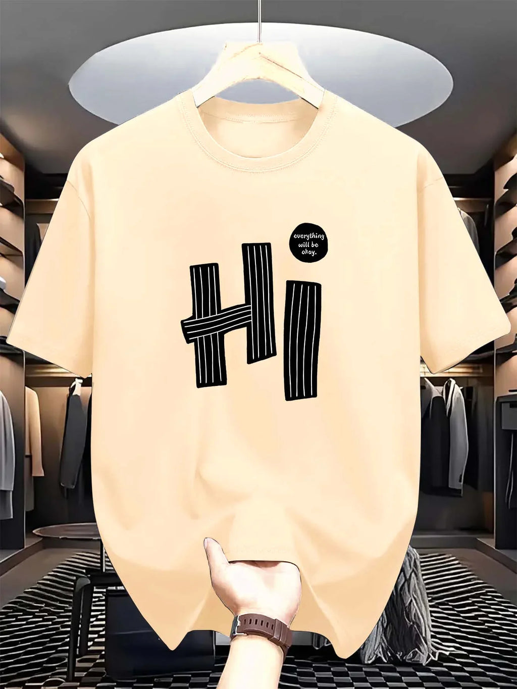 Summer men's 100% pure cotton casual loose fit plus size hi letter pattern  printed round neck short sleeved T-shirt top