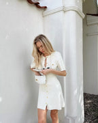 Elegant Women's Knitted Short Sleeve Dress Single Breasted High Waist Button Mini Curvy Dresse Knitwears White Black Summer 2025