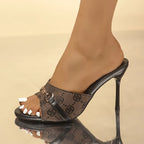 Elegant Metal Buckle High Heels Slippers Women Brand Design Printed Thin Heeled Sandals Woman Fashion Dress Party Shoes Size 42
