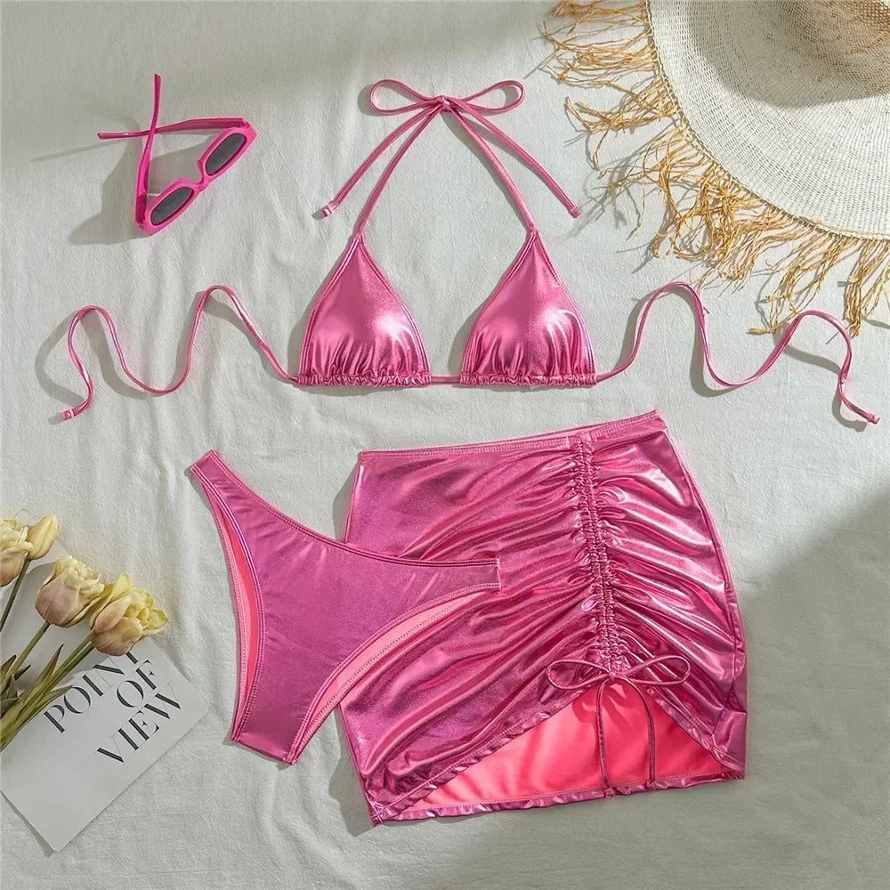 Gold Micro Thong String 3 Piece Bikini Set Damen Halter Swimwear Skirts Cover Ups Sexy Swimsuit Women 2025 Bathing Suit Bikinis