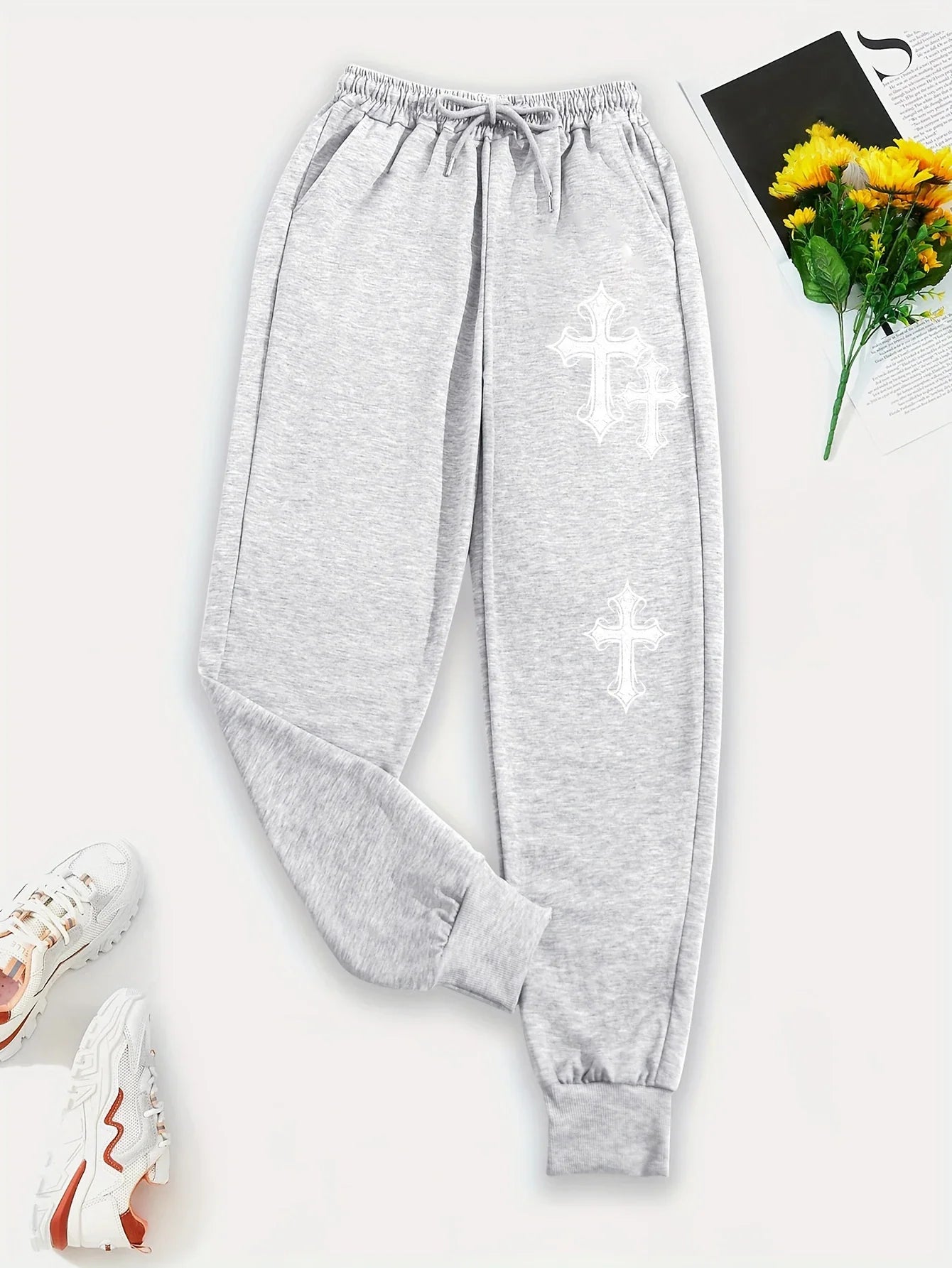 Crucifixion Printing Women'S Autumn Casual Basic Pants Versatile Pocket Drawstring Fashion Trousers Trendy Street Pant Female