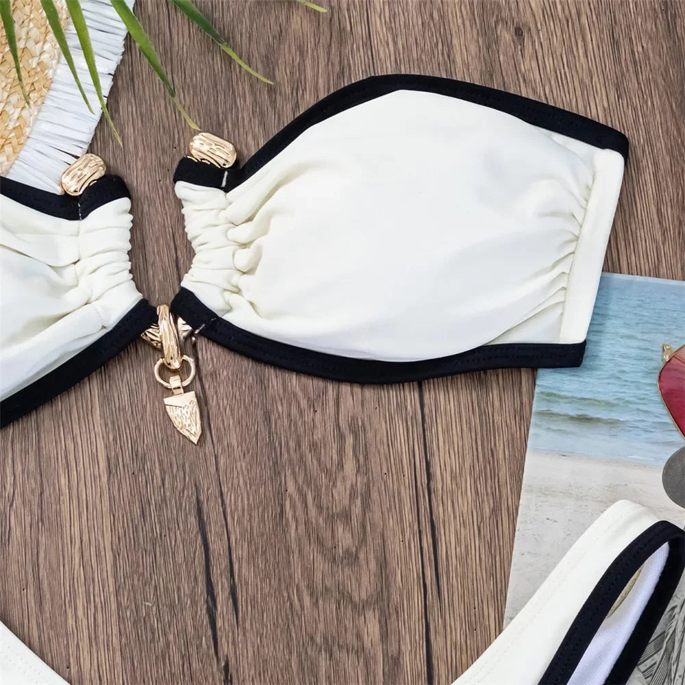 White Bandeau Bikinis Sets Woman Sexy Swimsuit Contrast Color Metal Buckle Swimwear High Cut Bathing Suit Brazilian Bikini Mujer