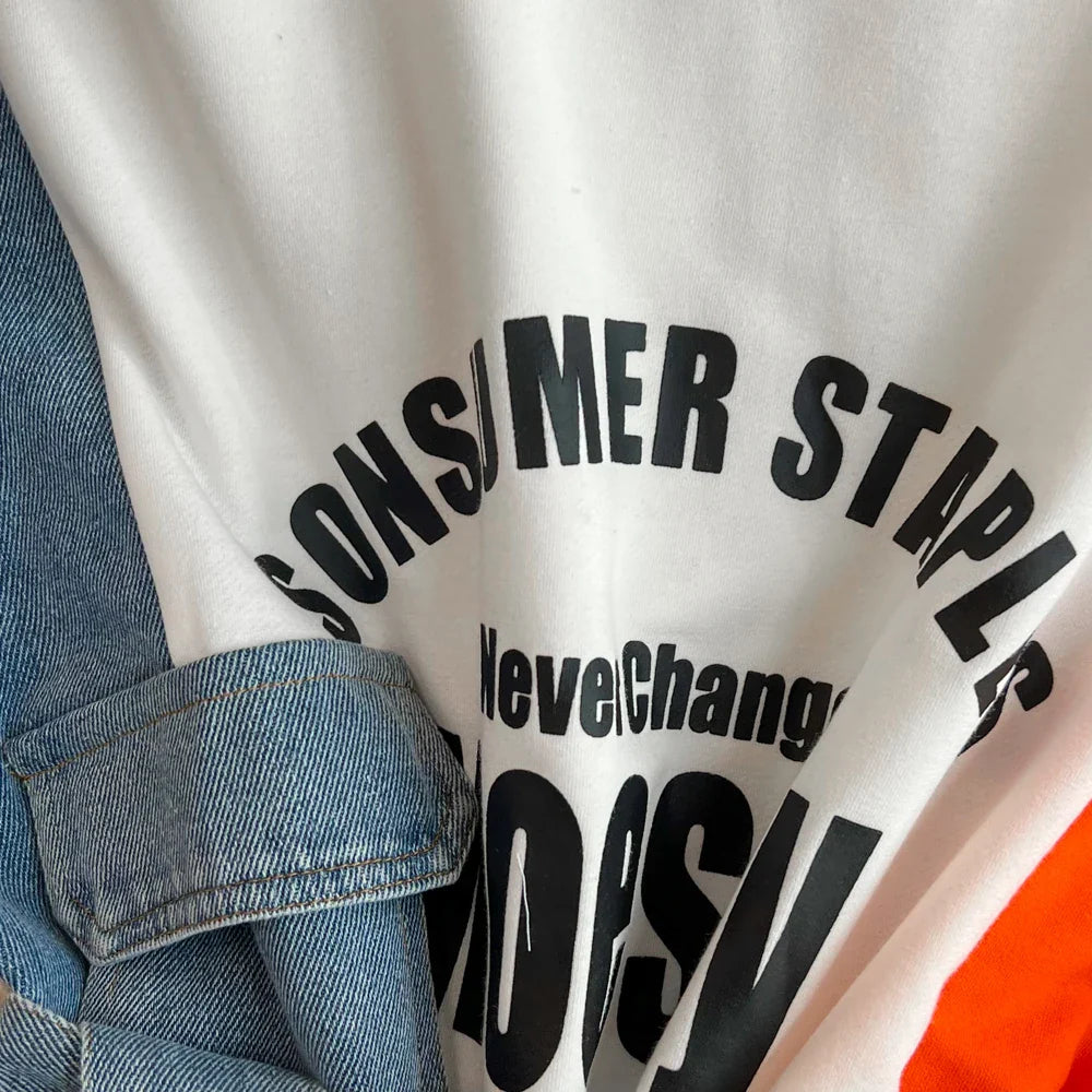 XFPV 2025 Summer Fashion Short Sleeve Round Neck High Waistband Slim A-line Denim Printed Patchwork Dress For Women SM11498