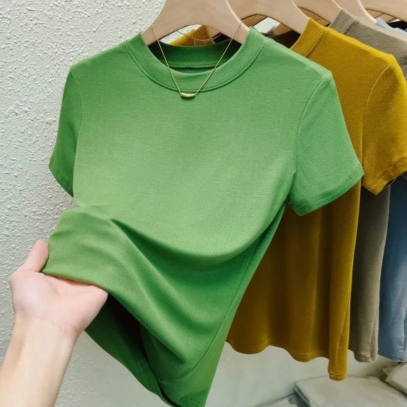 Women's Elastic Crew Neck T-Shirt Solid Ribbed Tops Pink Short Sleeve Tight Bottom Basic Shirt Casual Sexy Slim Summer Tops Tee