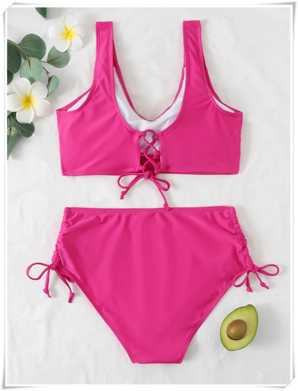 Drawstring High Waist Bikini 2023 Women Solid Swimwear Female Cross Front Swimsuit Padded Beachwear Bather Bathing Swimming Suit