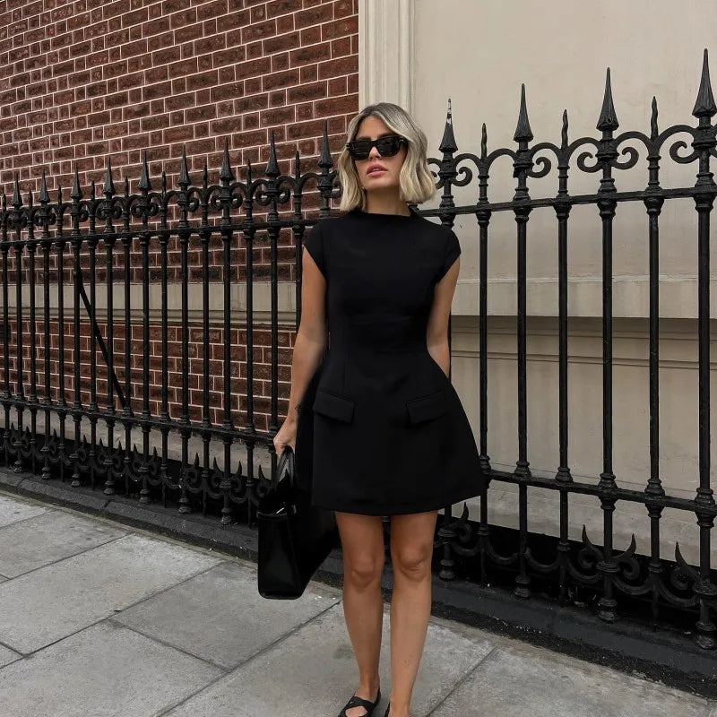 Elegant 2025 New Mini Dresses Fashion Women Black Solid Basic Pocket O-Neck Slim Fit Bodycon Casual High Waist Zipper Vestidos