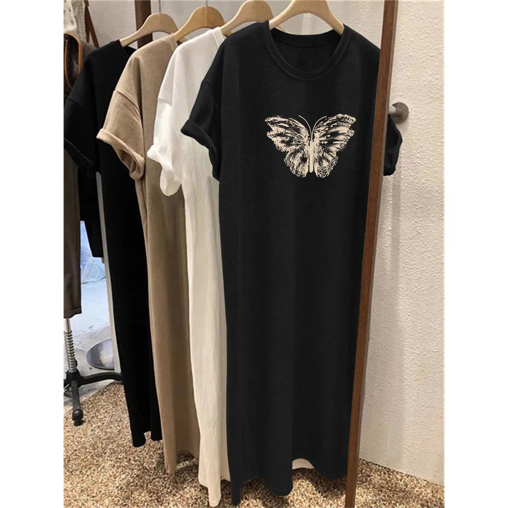 Summer Short Sleeved Dress Women's Korean Ins Butterfly Print Oversized Loose Round Neck Dress