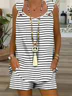 Women's 2025 Summer New Sleeveless Round Neck Vest Casual Short Jumpsuit With Pockets Jumpsuit Two Piece Set