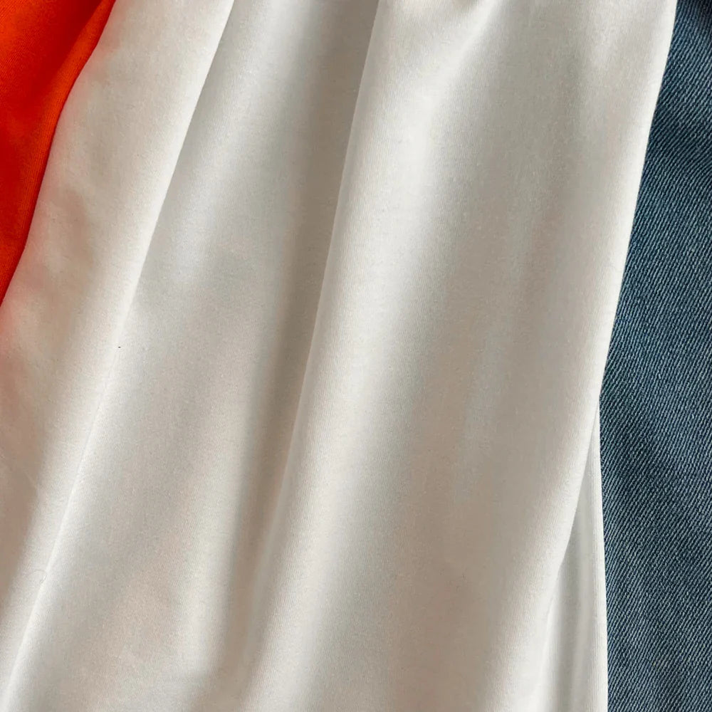 XFPV 2025 Summer Fashion Short Sleeve Round Neck High Waistband Slim A-line Denim Printed Patchwork Dress For Women SM11498