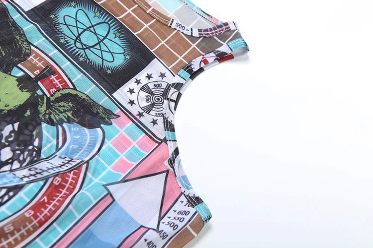 Weird Puss Aesthetic Print Dress Women See Through Sleeveless Skinny Colorful Hipster Skinny o-Neck Summer Trend Club Bodycon