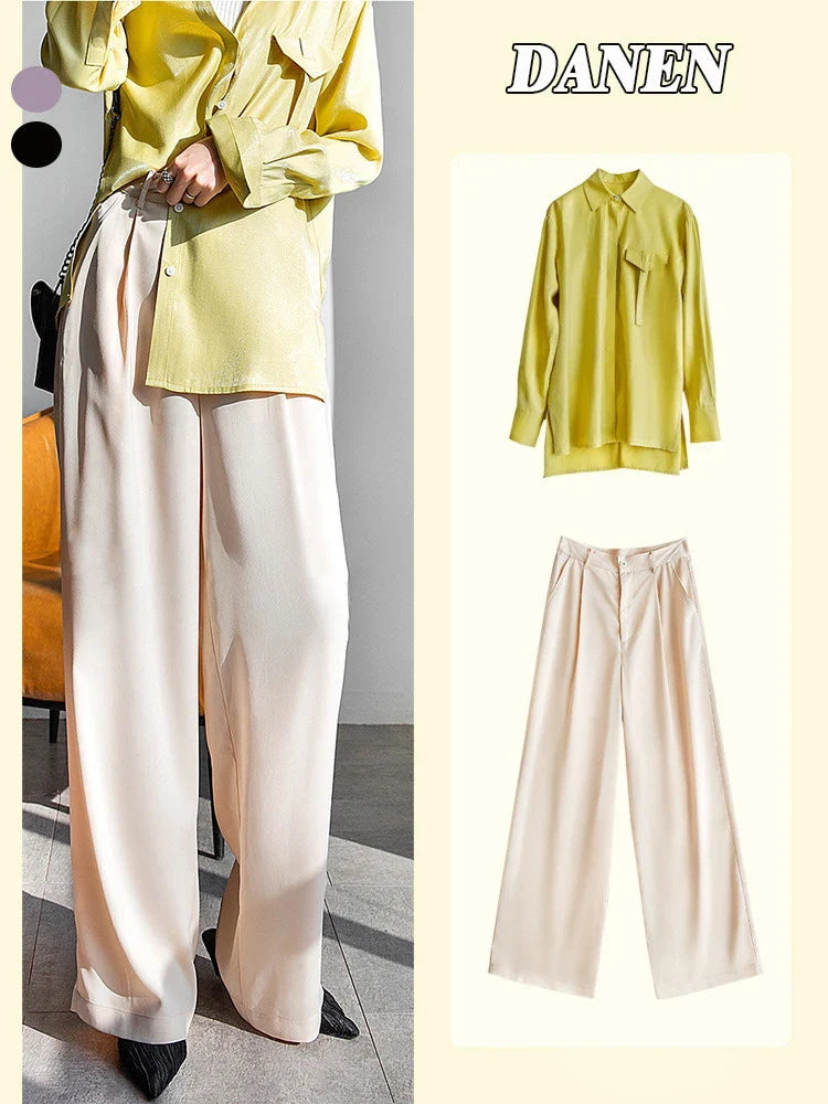 Garemay Summer Autumn Women's Pants Loose Solid Classic Black Straight High Waist Casual Silk Satin Wide Leg Trousers for Women