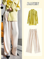 Garemay Summer Autumn Women's Pants Loose Solid Classic Black Straight High Waist Casual Silk Satin Wide Leg Trousers for Women