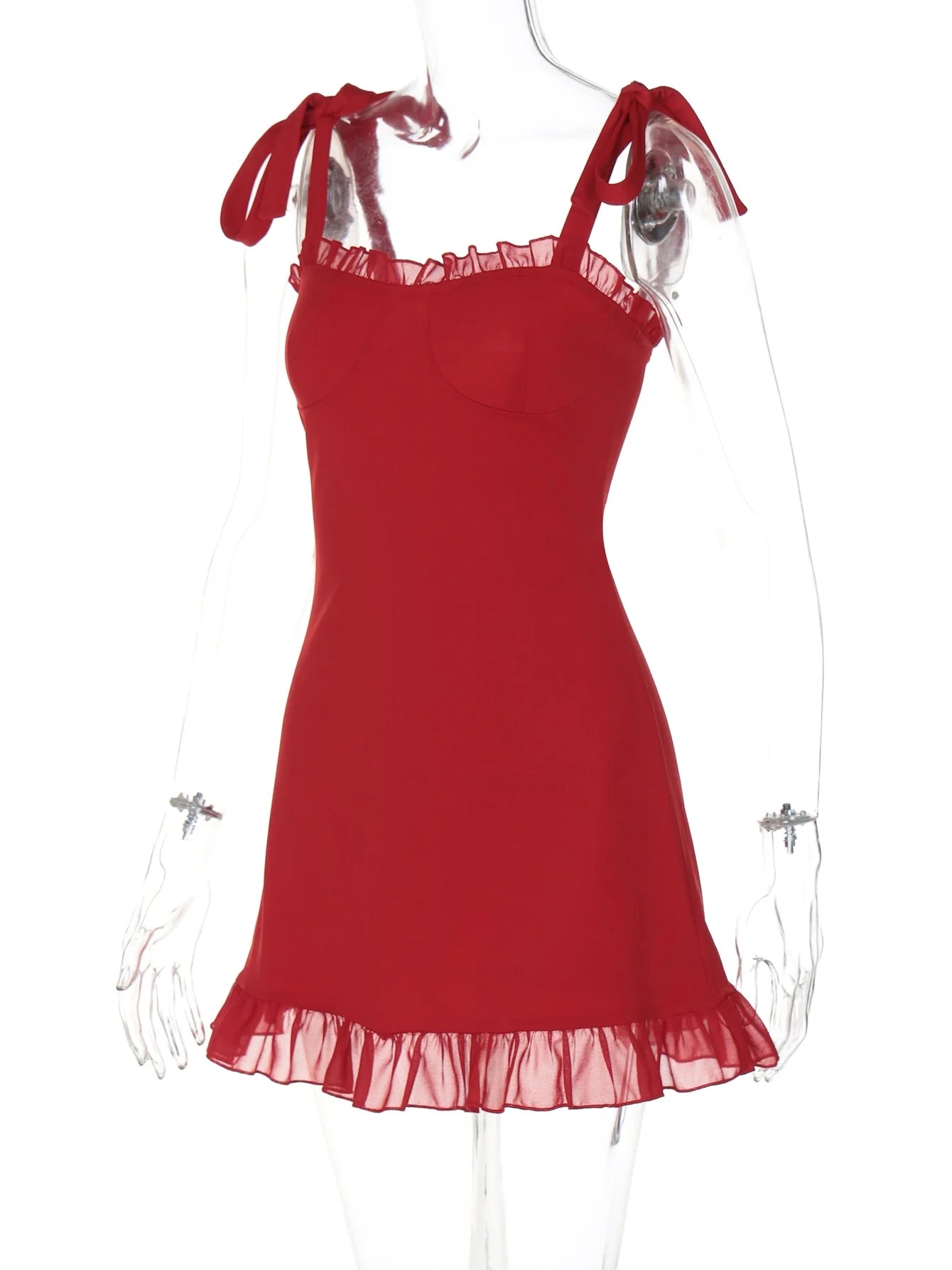 Hugcitar 2024 Elegant Solid Slips Ruffles Backless Bandage Patchwork Sexy Slim Mini Dress Women Outfits Birthday Party Vacation