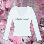 Halloween Goth Emo Girl Long Sleeve Baby Tee Aesthetic Letter Print Grunge Crop Top Y2k Clothes Vintage Punk Slim V-neck T-shirt