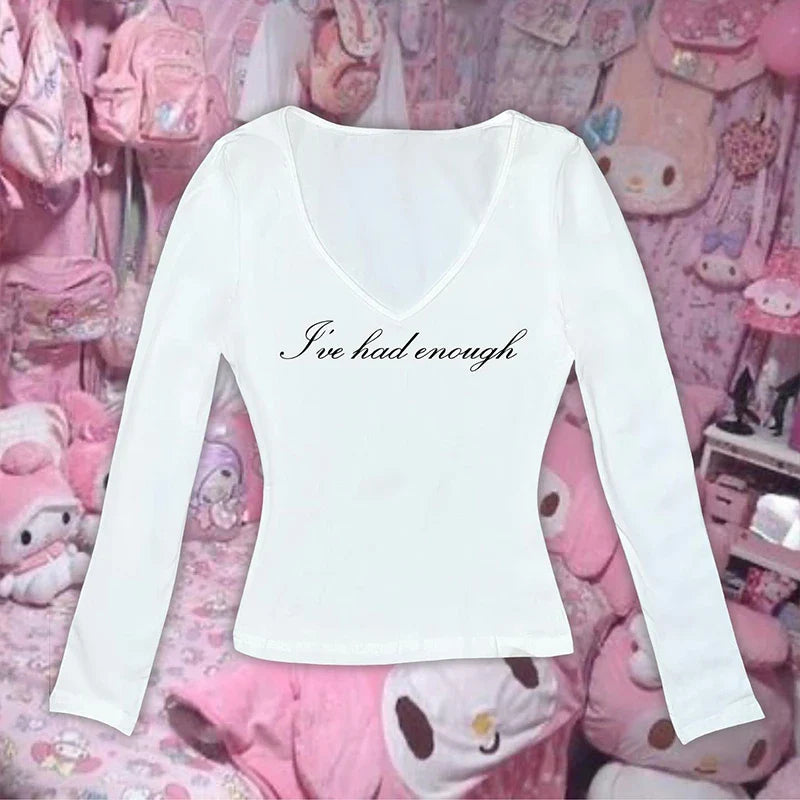 Halloween Goth Emo Girl Long Sleeve Baby Tee Aesthetic Letter Print Grunge Crop Top Y2k Clothes Vintage Punk Slim V-neck T-shirt