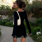 Elegant Round Neck Pleat Long Sleeve New Women's Dresses Casual Slim Pink Black White Short Dresses Lady Chic Party Street Robes