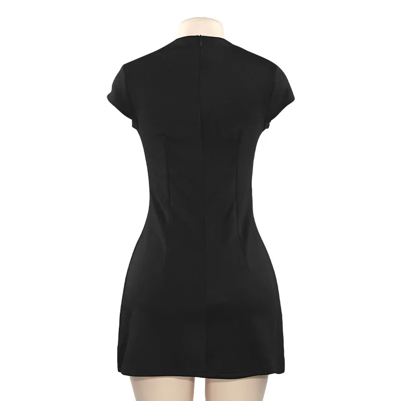 Elegant 2025 New Mini Dresses Fashion Women Black Solid Basic Pocket O-Neck Slim Fit Bodycon Casual High Waist Zipper Vestidos