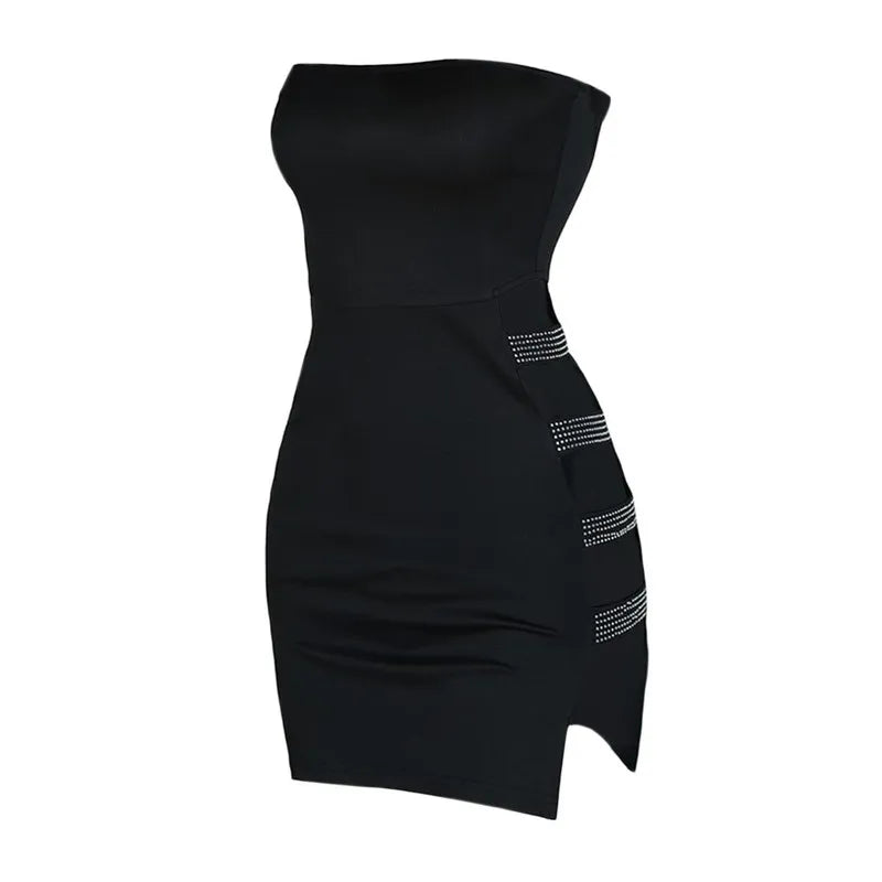 Women Sexy Tube Pencil Dress Sexy Club Summer Clothes Fashion Solid Color Rhinestone Hollow Skinny Mini Dress