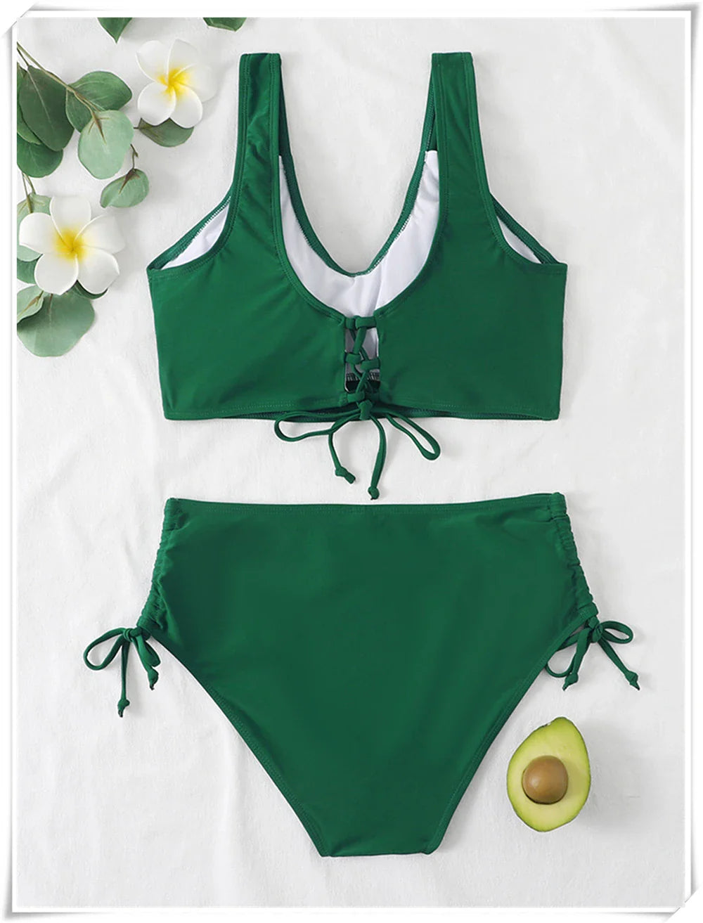 Drawstring High Waist Bikini 2023 Women Solid Swimwear Female Cross Front Swimsuit Padded Beachwear Bather Bathing Swimming Suit