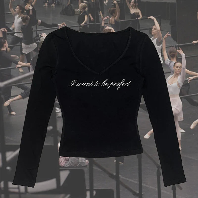 Halloween Goth Emo Girl Long Sleeve Baby Tee Aesthetic Letter Print Grunge Crop Top Y2k Clothes Vintage Punk Slim V-neck T-shirt