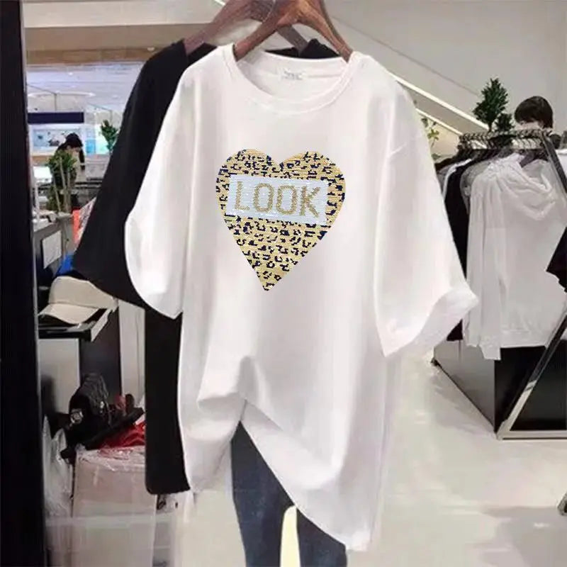 Female Clothes Basics Printed Pullovers Summer Short Sleeve Top Women Casual T-shirt Chic Y2k Loose Tees
