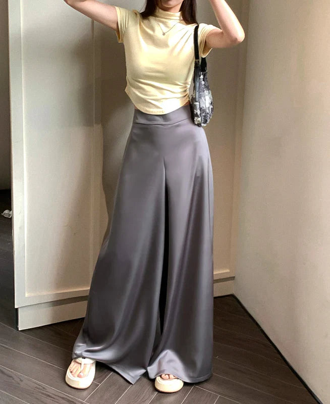 High-Grade Acetate Satin Wide-Leg Pants Women Spring Bell-Bottoms Pants Loose Casual Pants High Waist Oversized Long Pantalons