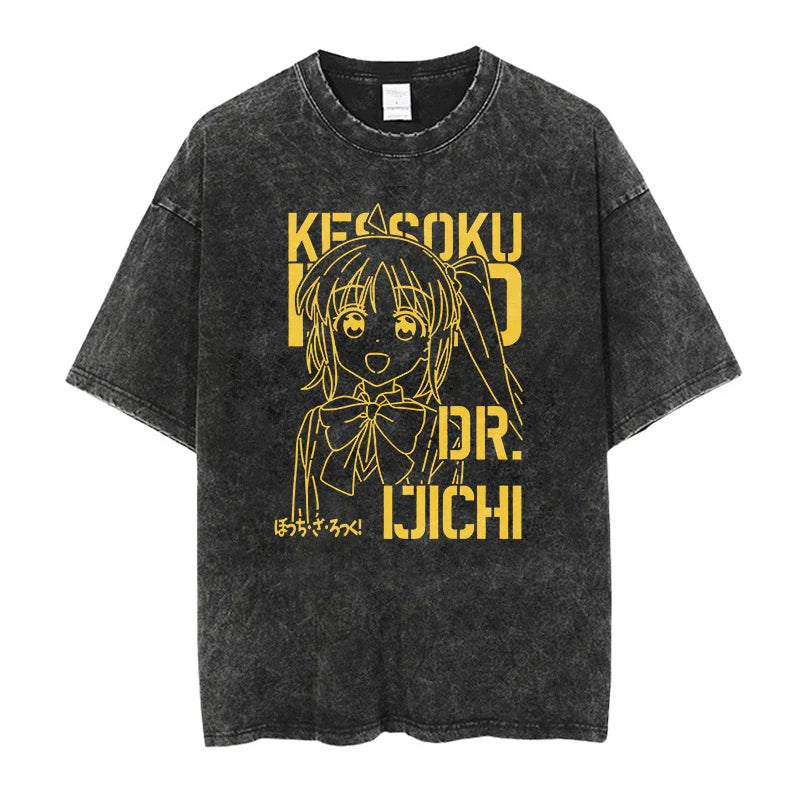 Men Oversized Printed Tshirts Bocchi Club Music Band Anime Bocchi The Rock Cotton Tops Creative Crew Neck Tees Washed TShirt