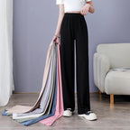 Ice Silk Wide-Leg Pants Women Cool Sweatpants Summer Thin Pleat Loose Straight Pants Office Lady Casual Drawstring Long Trousers