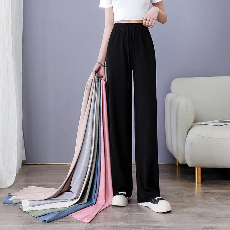 Ice Silk Wide-Leg Pants Women Cool Sweatpants Summer Thin Pleat Loose Straight Pants Office Lady Casual Drawstring Long Trousers